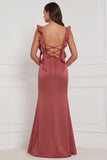 Terracotta Ruffled Straps Ruched Sheath Long Wedding Guest Dress with Slit