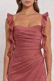 Terracotta Ruffled Straps Ruched Sheath Long Wedding Guest Dress with Slit