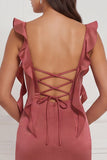 Terracotta Ruffled Straps Ruched Sheath Long Wedding Guest Dress with Slit