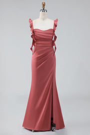 Terracotta Ruffled Straps Ruched Sheath Long Wedding Guest Dress with Slit