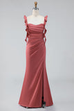 Terracotta Ruffled Straps Ruched Sheath Long Wedding Guest Dress with Slit