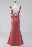 Terracotta Ruffled Straps Ruched Sheath Long Wedding Guest Dress with Slit
