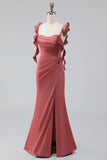 Terracotta Ruffled Straps Ruched Sheath Long Wedding Guest Dress with Slit