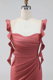 Terracotta Ruffled Straps Ruched Sheath Long Wedding Guest Dress with Slit