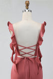 Terracotta Ruffled Straps Ruched Sheath Long Wedding Guest Dress with Slit