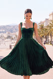 Dark Green Corset Pleated A-Line Thick Straps Midi Dress