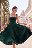 Dark Green Corset Pleated A-Line Thick Straps Midi Dress