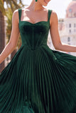 Dark Green Corset Pleated A-Line Thick Straps Midi Dress