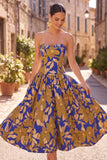 Royal Blue A-Line Strapless Ruched Floral Printed Midi Dress