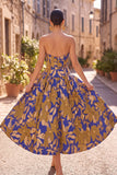 Royal Blue A-Line Strapless Ruched Floral Printed Midi Dress