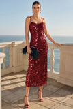 Sparkly Burgundy Sequins Sheath Spaghetti Straps Midi Dress