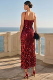 Sparkly Burgundy Sequins Sheath Spaghetti Straps Midi Dress