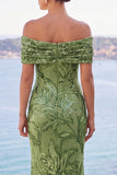 Golden Sequins Off the Shoulder Floral Embroidery Mermaid Maxi Dress