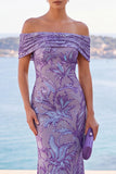 Golden Sequins Off the Shoulder Floral Embroidery Mermaid Maxi Dress