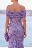 Golden Sequins Off the Shoulder Floral Embroidery Mermaid Maxi Dress