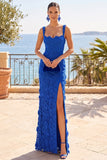 Royal Blue 3D Floral Lace Sheath Corset Maxi Dress with Slit
