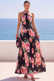 Black Halter Neck Floral Printed Pleated Chiffon Maxi Dress