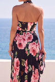 Black Halter Neck Floral Printed Pleated Chiffon Maxi Dress