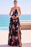 Black Tiered Ruffled Floral Printed Ruched Strapless Chiffon Maxi Dress with Slit