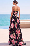 Black Tiered Ruffled Floral Printed Ruched Strapless Chiffon Maxi Dress with Slit