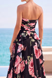 Black Tiered Ruffled Floral Printed Ruched Strapless Chiffon Maxi Dress with Slit