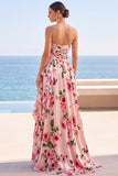Black Tiered Ruffled Floral Printed Ruched Strapless Chiffon Maxi Dress with Slit