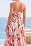 Black Tiered Ruffled Floral Printed Ruched Strapless Chiffon Maxi Dress with Slit