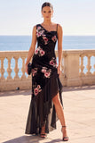 Black Asymmetrical One‑Shoulder Florla Velvet Ruffled Hem Maxi Dress