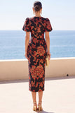 Black Round Neck Floral Bodycon Midi Dress with Puff Short Sleeves