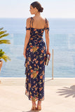 Navy Cold Shoulder Floral Maxi Dress with Ruffled Side Slit
