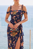 Navy Cold Shoulder Floral Maxi Dress with Ruffled Side Slit
