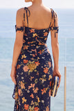 Navy Cold Shoulder Floral Maxi Dress with Ruffled Side Slit