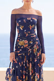 Navy Illusion Off the Shoulder Floral Embroidery Ruched Maxi Dress with Long Sleeves