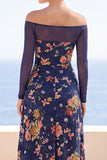 Navy Illusion Off the Shoulder Floral Embroidery Ruched Maxi Dress with Long Sleeves