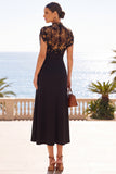 Black Illusion High Neck Floral Midi Dress with Short Sleeves