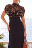 Black Illusion High Neck Floral Midi Dress with Short Sleeves