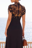 Black Illusion High Neck Floral Midi Dress with Short Sleeves