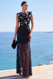 Round Neck Black Bodycon Sheer Lace Hem Maxi Dress