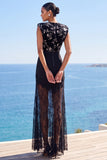 Round Neck Black Bodycon Sheer Lace Hem Maxi Dress