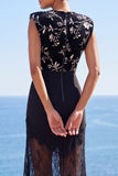 Round Neck Black Bodycon Sheer Lace Hem Maxi Dress