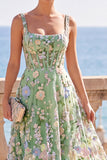 Green Corset Square Neck 3D Floral Appliques A-Line Midi Dress
