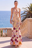 Dark Green Square Neck Floral Embroidery Mermaid Maxi Dress with 3D Appliques