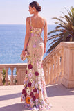 Dark Green Square Neck Floral Embroidery Mermaid Maxi Dress with 3D Appliques