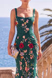 Dark Green Square Neck Floral Embroidery Mermaid Maxi Dress with 3D Appliques