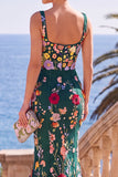 Dark Green Square Neck Floral Embroidery Mermaid Maxi Dress with 3D Appliques