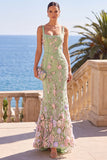 Dark Green Square Neck Floral Embroidery Mermaid Maxi Dress with 3D Appliques