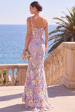 Dark Green Square Neck Floral Embroidery Mermaid Maxi Dress with 3D Appliques