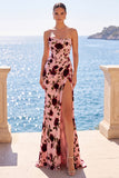 Pink Red Flower Corset Ruched Strapless Sheath Maxi Dress with Slit