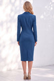 Blue Sheath Notched Lapel Ruched Midi Work Dress