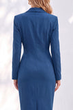 Blue Sheath Notched Lapel Ruched Midi Work Dress